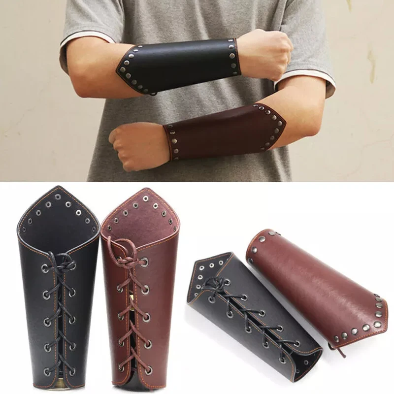 1 PC Cosplay Props Faux Leather Wide Bracer Men Arm Armor Cuff String Steampunk Vintage Medieval Gauntlet Wristband Bracelet