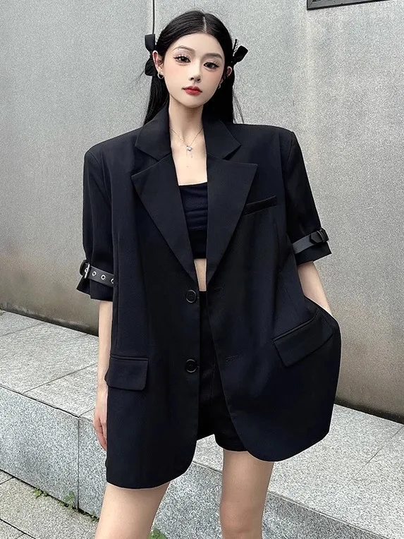 

American Sle Cool Girl с поясом ort Sve Костюм Jaet Женский летний свободный универсальный костюм oulder Pad Western Wear