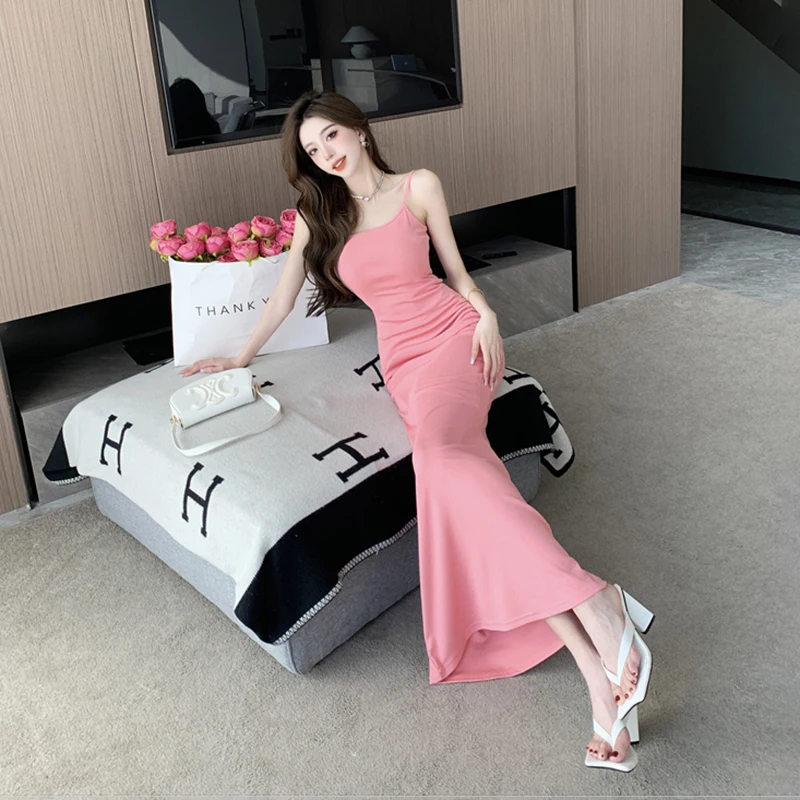 Pink slip dress women's summer slim hip show long dress hot girl sexy fishtail skirt korean style evening sleeveless vest dress