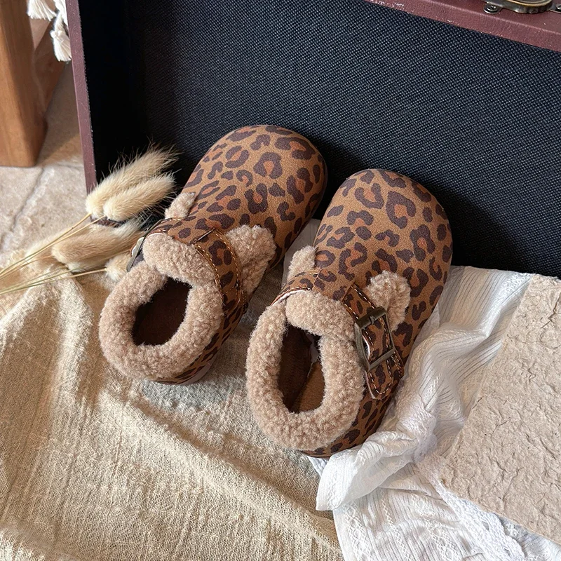 Toddler Warm Fleece‑Lined Winter Shoes, Adjustable Buckle Strap Leopard  Solidc Brown Kids Clog Shoes