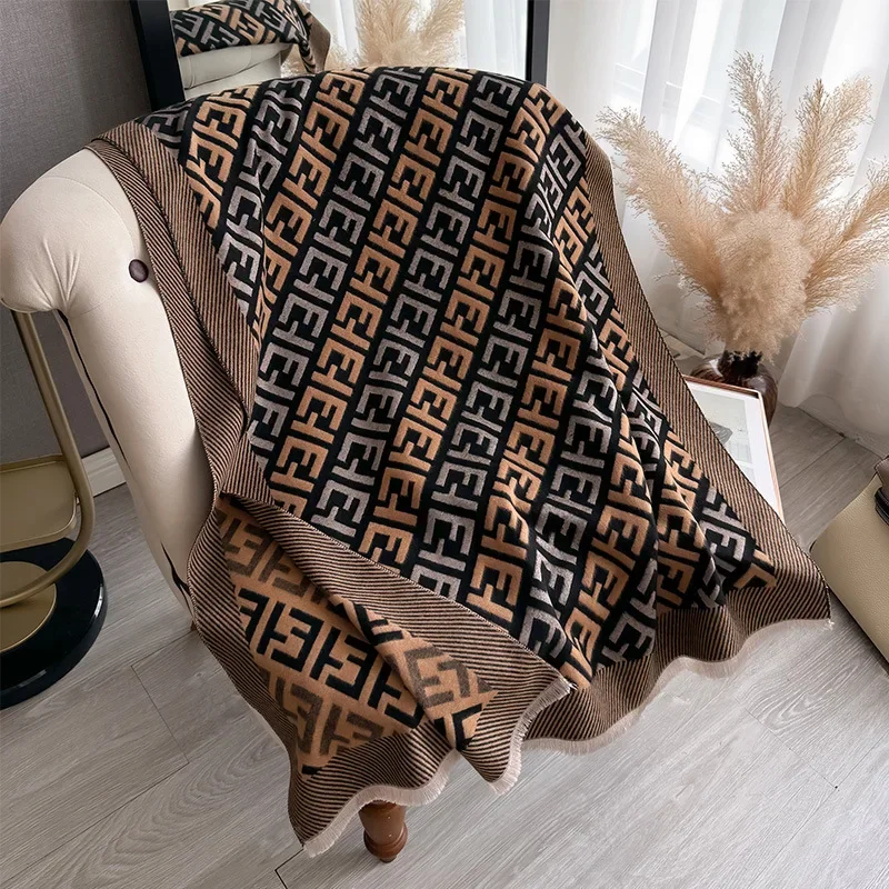 2024 Autumn and Winter New Letter Pattern Scarf Femal Simple Retro Imitation Cashmere Fringed Warm Scarves Women Pashmina Wraps