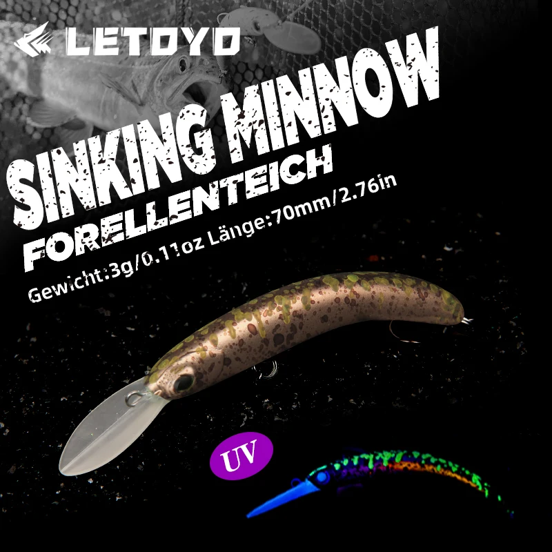 LETOYO 3g 55mm Tonący Minnow Przynęta Sztuczna na Pstrągi, Twarda Przynęta Wobler, Minnow na Szczupaka, Przynęta na Okonia, Pstrąga, Bass