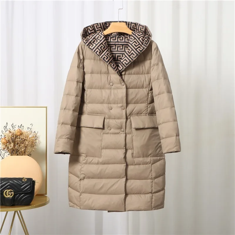 Nueva chaqueta de plumón cálida de lujo para mujer, abrigo de invierno con capucha de longitud media de talla grande, ropa de abrigo Reversible ligera