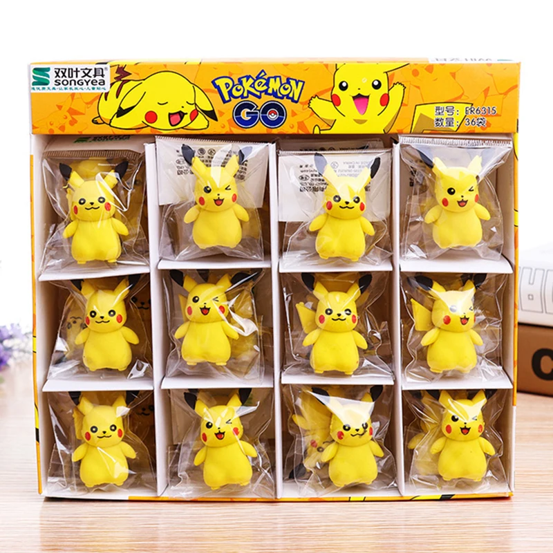 36pcs/box Pokemon Eraser Cartoon Anime Figure Pikachu Student School Stationery Supplies For Child Kawaii 3d Erasers Toys Gift