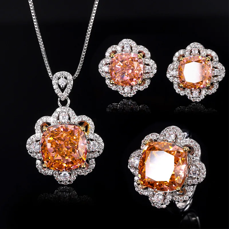 

Yellow Orange Color Crushed Ice Cut High Carbon Diamond Pendant Necklace Stud Earrings Adjustable Ring Zircon Jewelry Set