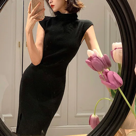 

7378 Gentle Lady ~ Новое летнее трикотажное облегающее длинное платье в гонконгском стиле с высоким воротником и обычными плечами с короткими рукавами