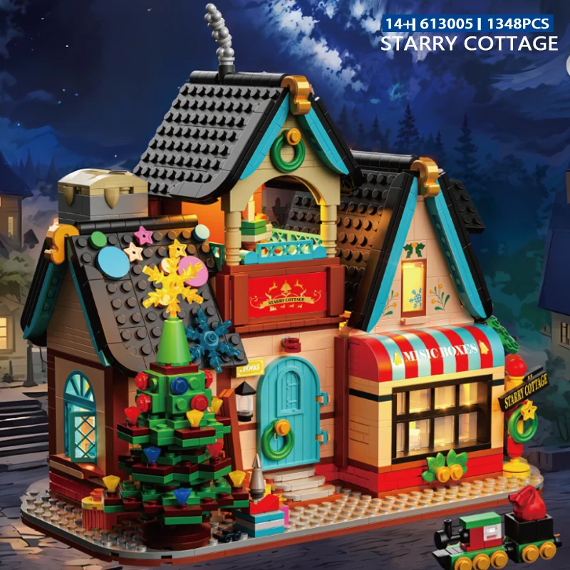 Christmas scene building blocks star cabin street view series of children's puzzle assembled toys street scene girl birthday gif