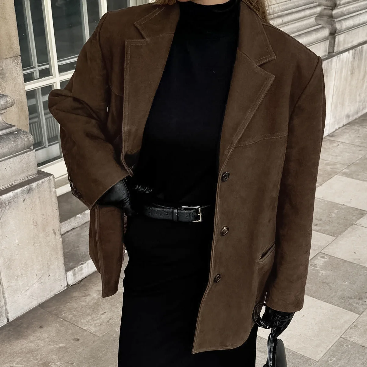 Vintage Suede Blazers Coat Women Loose Lapel Single Breasted Long Sleeve Pockets Jacket 2024 Autumn New Lady High Street Outwear