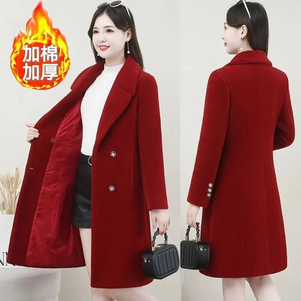 

Модное тонкое шерстяное пальто, женское осень-зима 2025, новое двубортное длинное пальто, однотонное повседневное темпераментное толстое шерстяное пальто
