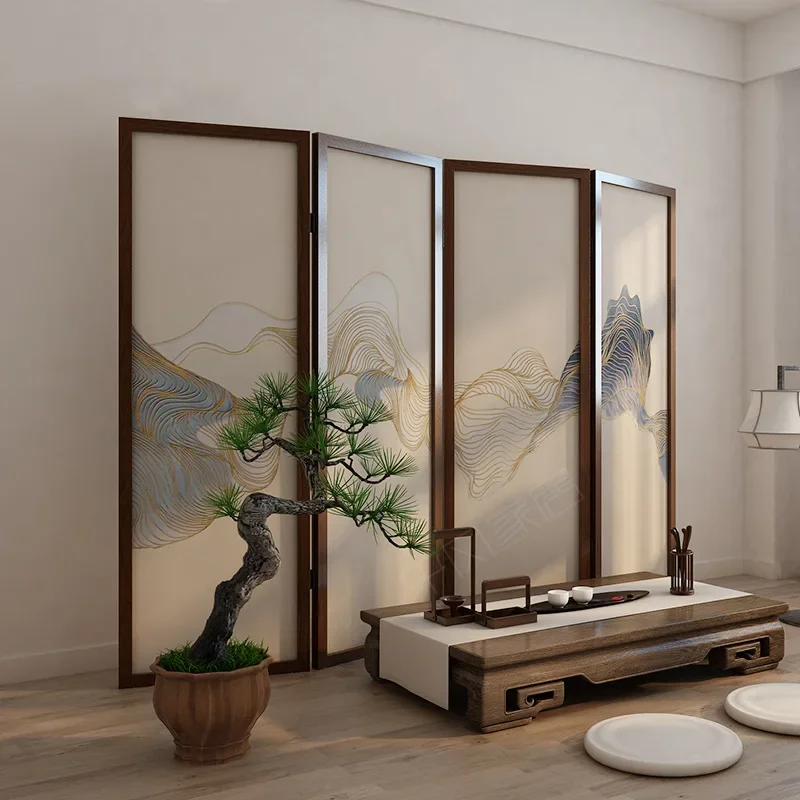 Screen partition living room new Chinese folding screen folding mobile tea room modern office hotel solid wood gold line landsca