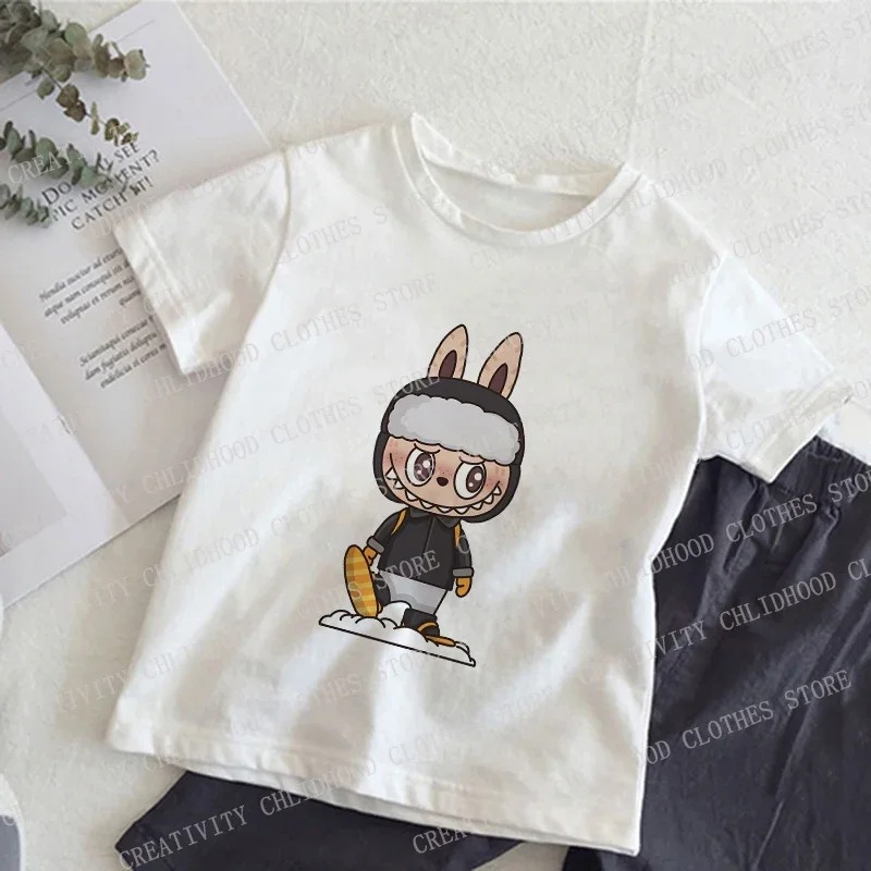 Camiseta para niños Labubu, ropa de verano, dibujos animados Kawaii, camiseta de manga corta de Anime para niños y niñas, camisetas informales