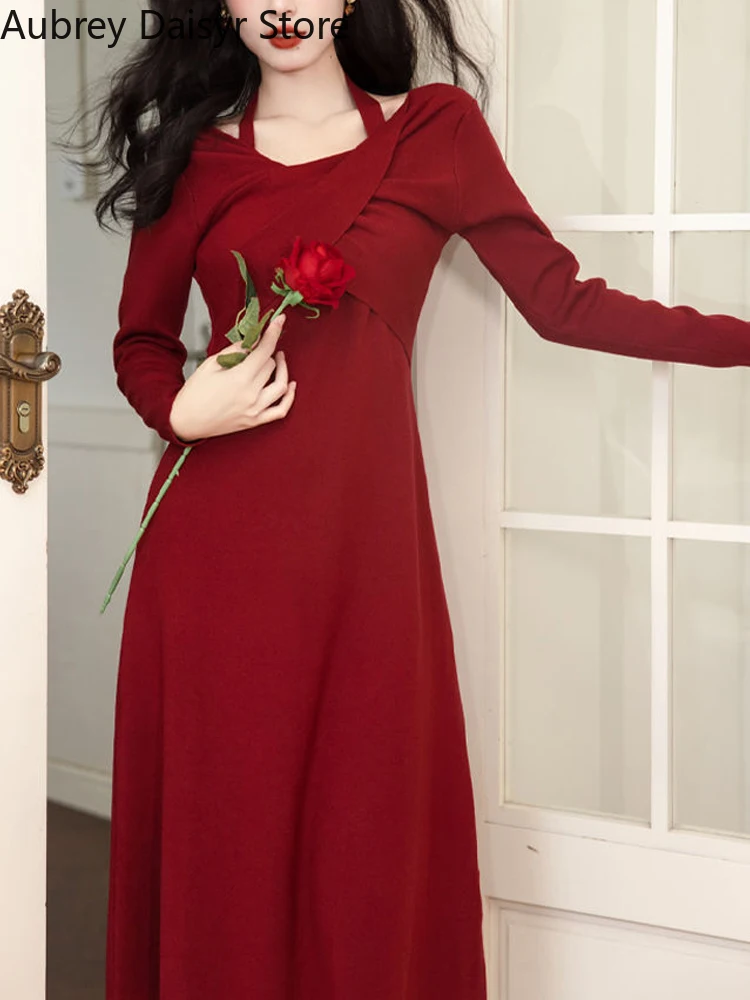 

Elegant Korean Red Knitted Dress Women Vintage Irregular Halterneck Sweater Dress Winter Warm Sexy Slim Evening Party Dress New