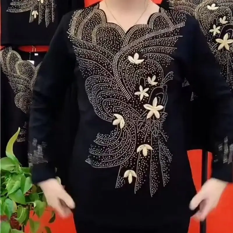 Fashionable Long Sleeve Diamond Embellished plus Size Dress Cover Stomach Trendy Mommy Clothes Casual Style Polyester Fabric