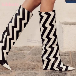 Leather Knee-High Boots Wedges Pointed Toe Solid Color Slip-On Suede Crystal Fashion Novelty Luxury Sexy Super High Shoes Newest