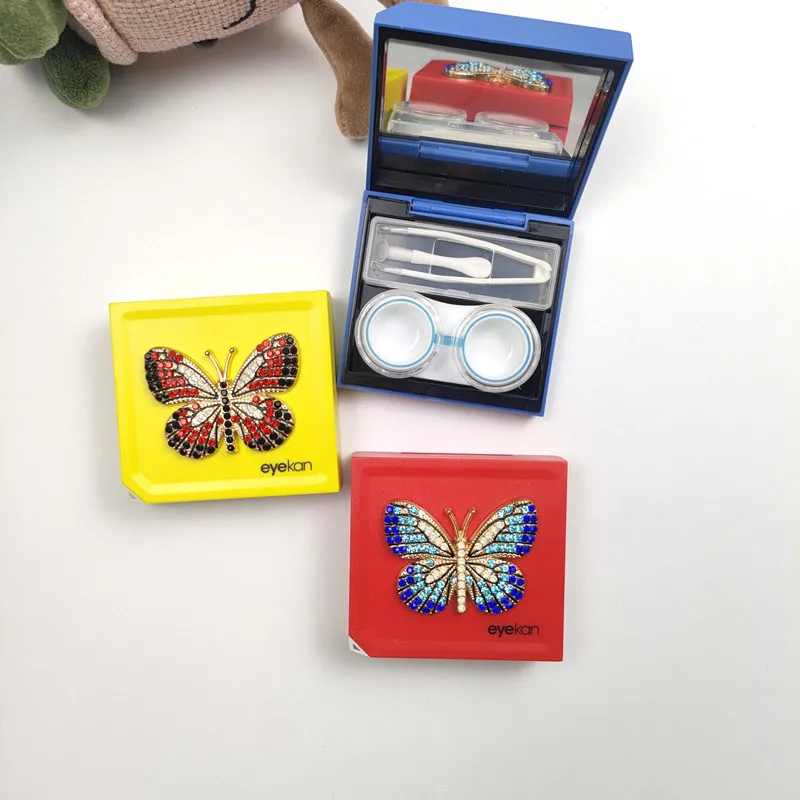 Mini custodia per lenti a contatto con farfalla con strass, scatola da viaggio portatile per occhiali, regalo per ragazze con design intarsiato