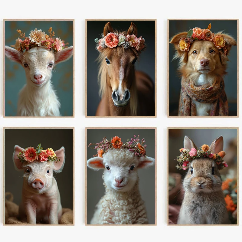 Pósteres de Lona con Diseño de Animales con Coronas de Flores, Cuadros de Conejo, Cabra, Cerdo, Perro, Caballo y Oveja, Impresiones de Arte para Pared, Decoración para el Hogar y la Habitación Infantil