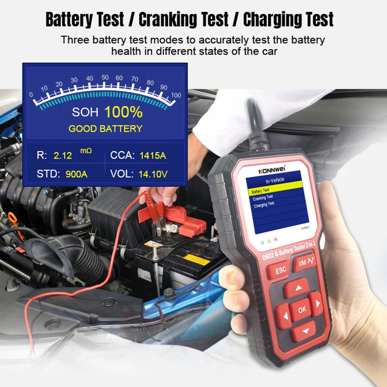 KONNWEI KW681 Car&Motrocycle Battery Tester & OBDII Diagnostic Scanner Tool 2 in 1