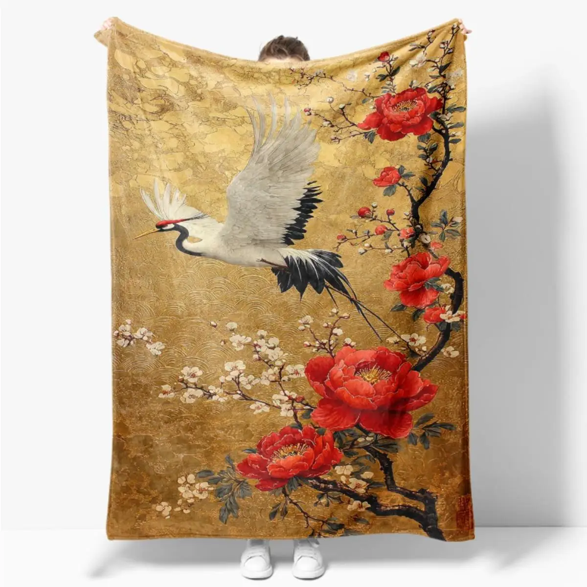 Red peony and crested crane patterns Flannel printed blanket suitable for all seasons suitable for living office sofa and travel