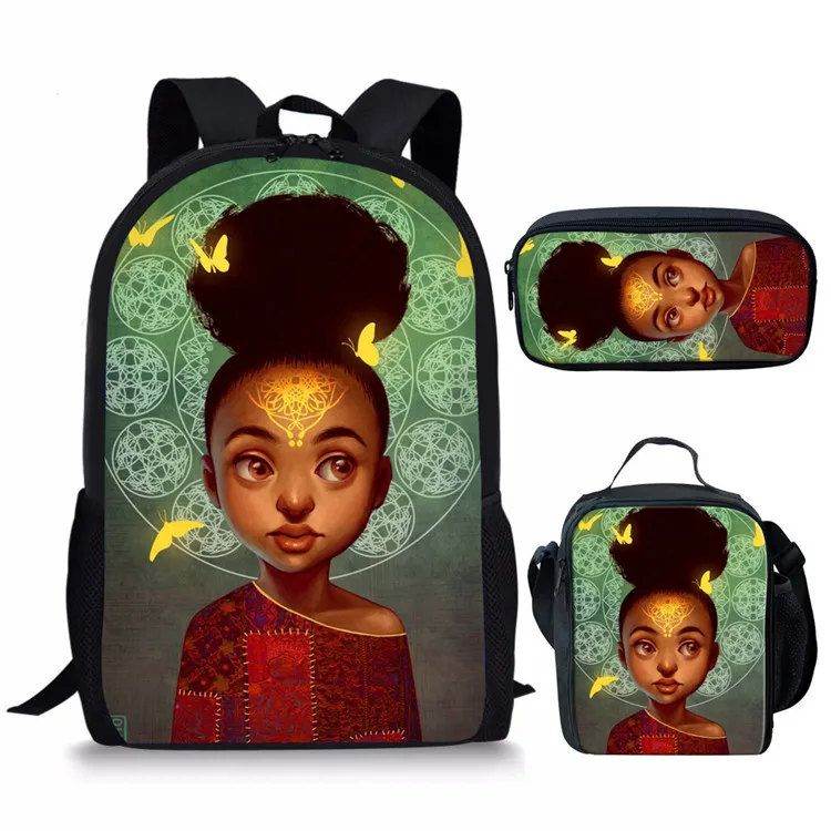 Meninas africanas 3D Print School Bags, Popular e Criativo, Novidade, Aluno, Mochila para Laptop, Mochila, Lunch Bag, Lápis, 3pcs por conjunto