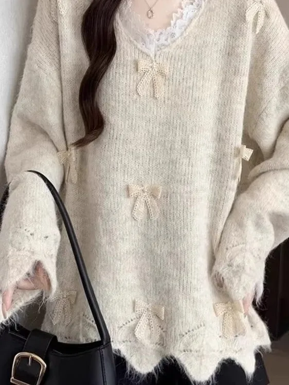 Maglione ampio con nodo in pizzo viola V-Ne da donna Autunno Inverno taglie forti Comodo top lavorato a maglia Faionable Casual