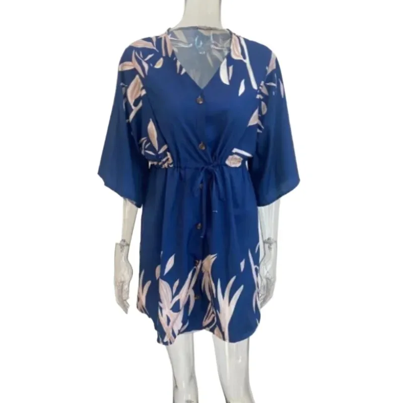 Comfortable New Pajamas European American Foreign Trade Women's Large Size Loose Flying Sleeves V-neck Tie Printed Beach Dress