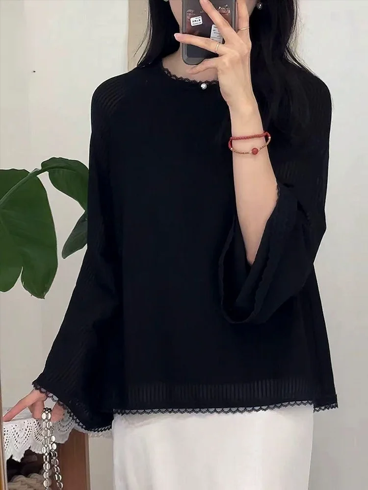 

Шелковый топ Jiangnan свободного кроя с круглым вырезом, в вертикальную полоску, в китайском стиле, молодежный, элегантный, модный, осенний, с длинными рукавами