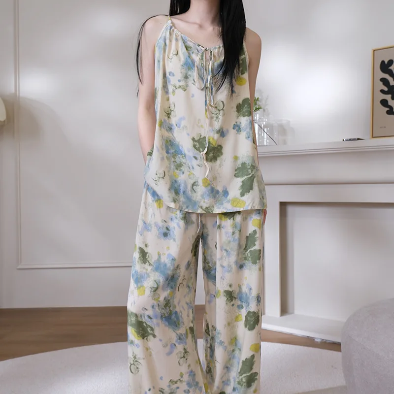 Women's Summer Cotton Silk Suspender Pants Two-piece Set With Sleepwear, High-end Feel, Can Be Worn As Outerwear Home Suit Set,