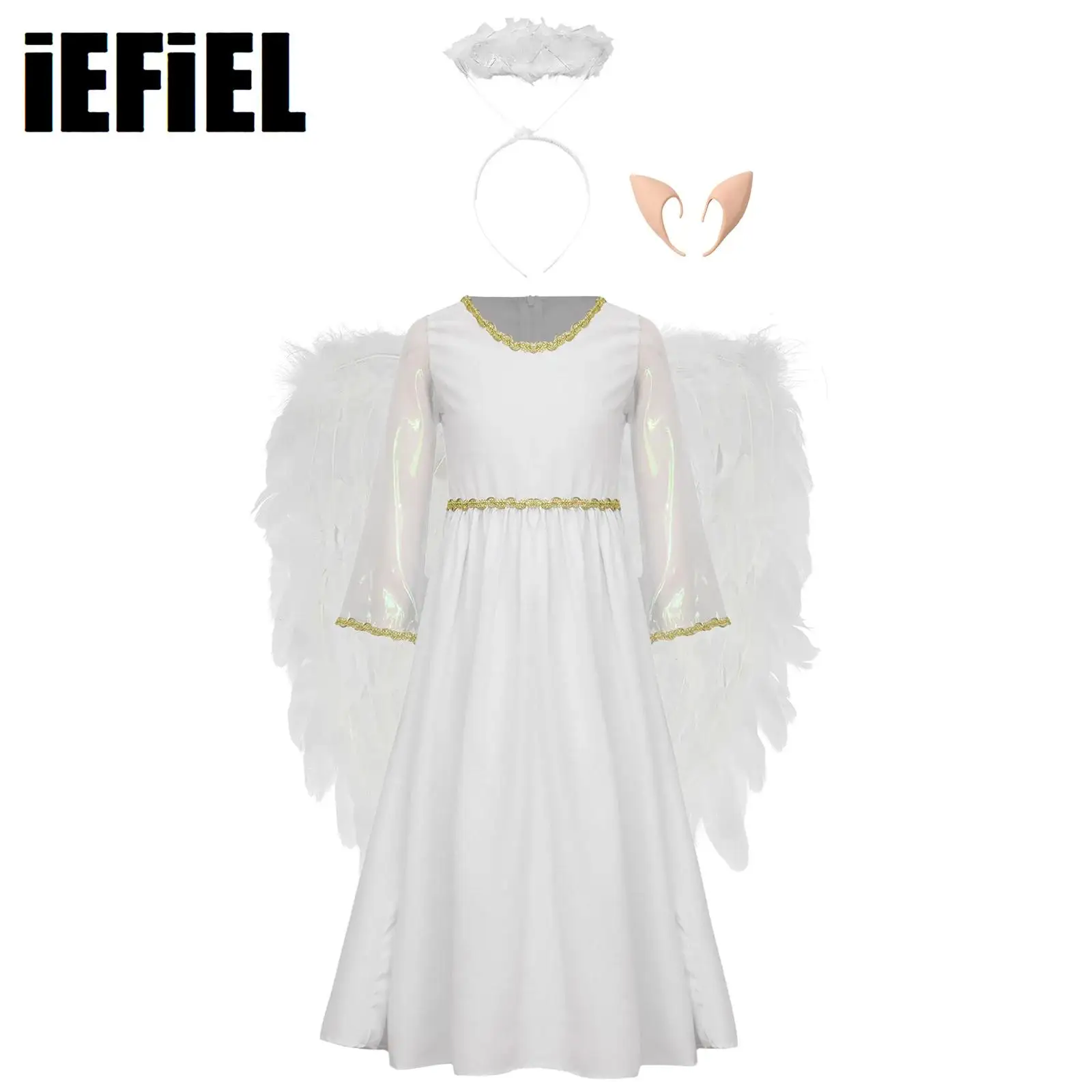 

Kids Girls Angel Cosplay Costume Long Sleeve Gold Trim Dress with Elf Ears And Hair Hoop Headband Wings Set for Halloween