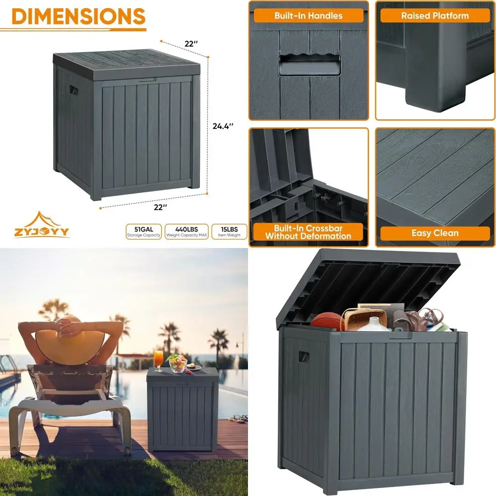 

Серый водонепроницаемый ящик для уличной террасы на 51 галлонов для хранения патио, сада и бассейна, идеально подходит для подушек, инструментов и упаковок