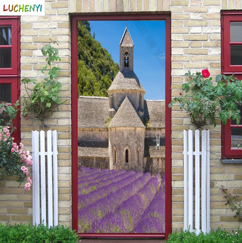 Papel de parede Building purple flower field beautiful landscape door sticker bedroom door wallpaper mural , home decoration