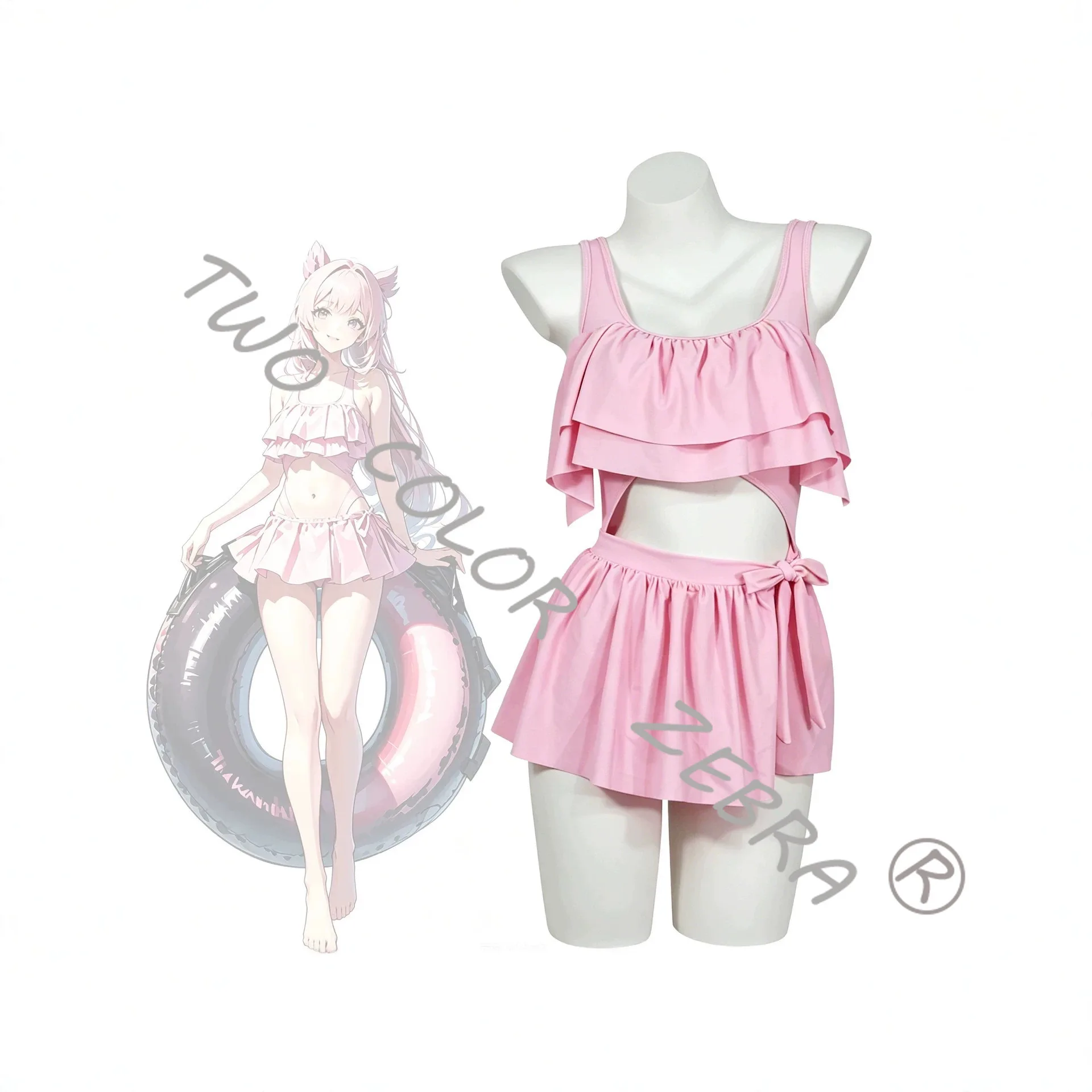 Game Genshin Impact Sangonomiya Kokomi Swimsuit Cosplay Costume Cute Pink Two Piece Skirted Bathing Suit for Summer Beach Party - view 4