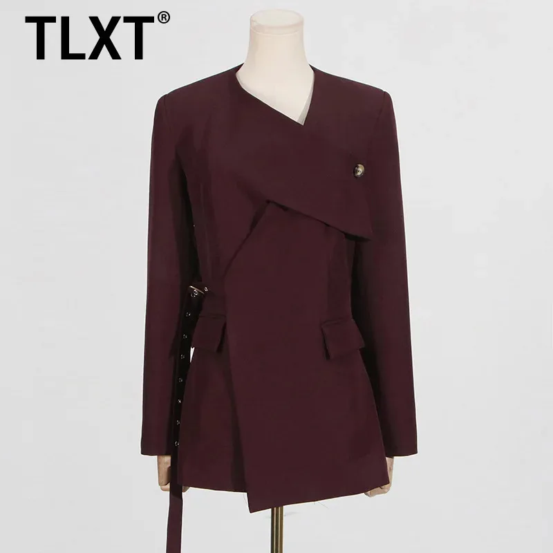 

TLXT Элегантный женский весенний новый топ 2025, минималистичный стиль и удобный повседневный однотонный костюм с поясом и длинными рукавами, пальто XK1082