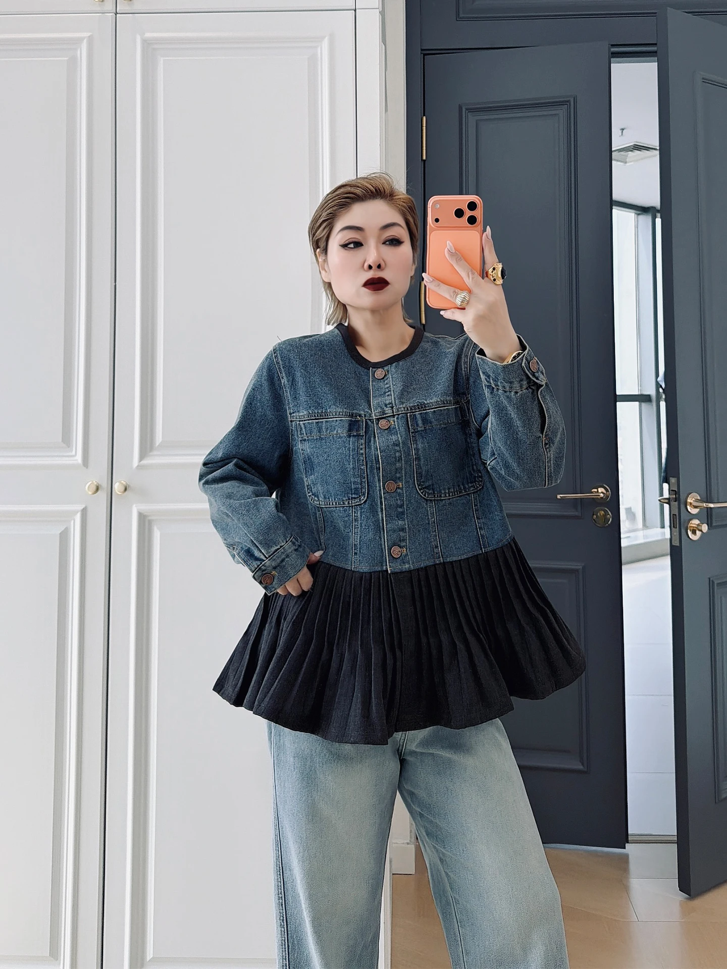 

Fashionable Loose plus Size Women's Denim Jacket with Ruffle Design And Patchwork High Waist Vintage Style Casual Outerwear