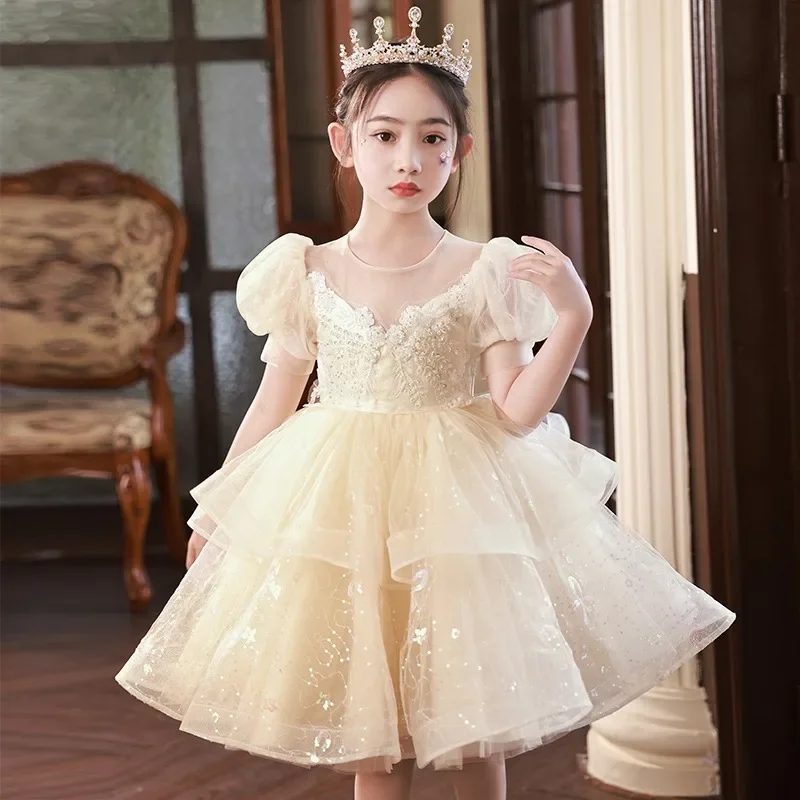 

2025Girls' New Stylish Puffy Tulle Embroidered High-End Puff Sleeve Princess Dress