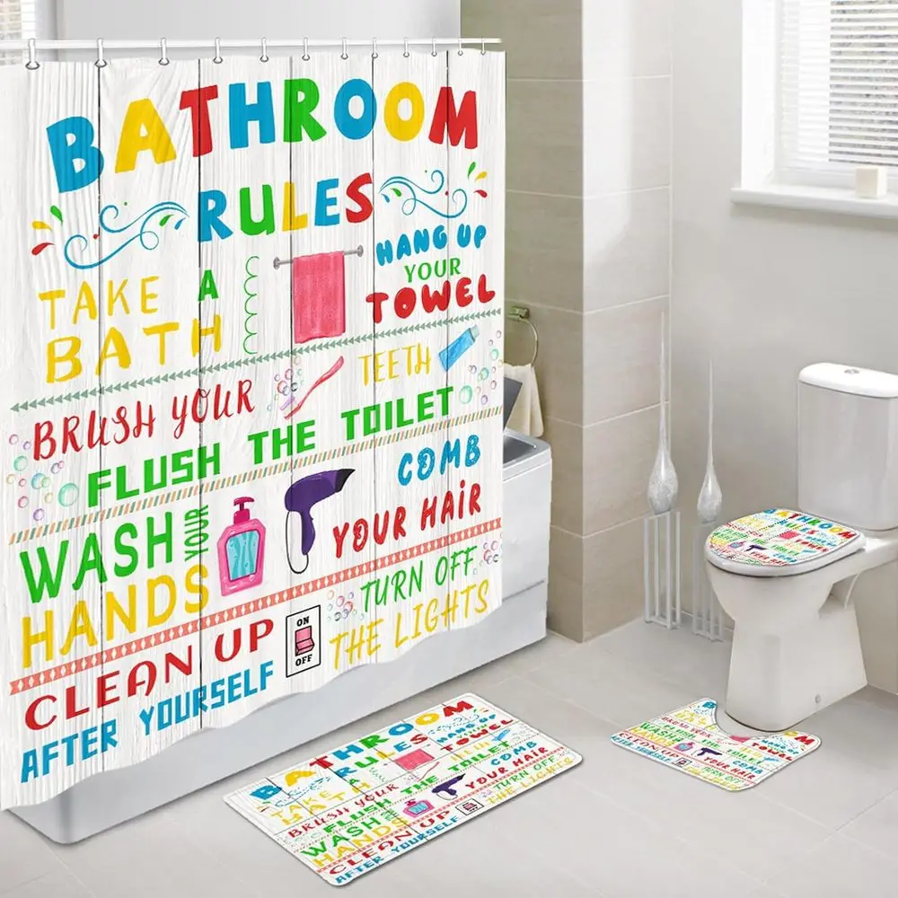 4-Piece Kids Shower Curtain Set with Fun Bathroom Rugs and Accessories, Colorful Bathroom Rules Lid Cover and Mat, Includes 12 H