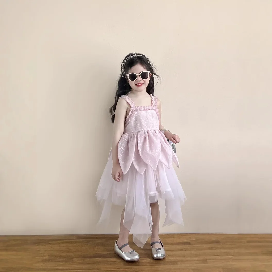 

Girls Skirt 2025 Summer New Childrens Clothing Korean Style Girls Baby Pink Petals Mesh Princess Dress Casual Simple Daily