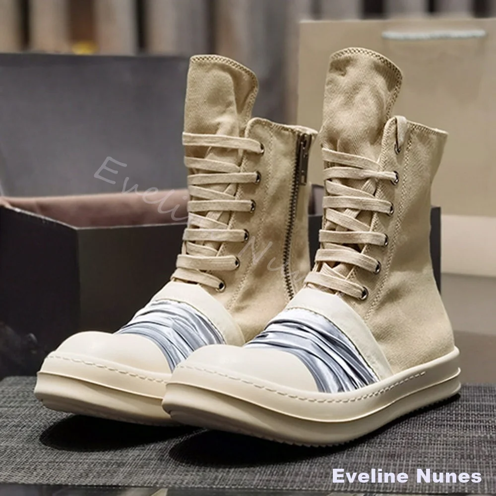 Unisex Vintage Canvas High Top Boots Men Satin Pleated Toe Lace Up Platform Streetwear Casual Sneakers Y2K Daily Walking Footwea