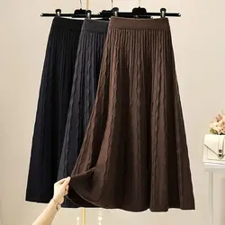 Solid color mid-length skirt women spring and autumn high waist thin knitted skirt a-line swing winter skirt wool long skirt