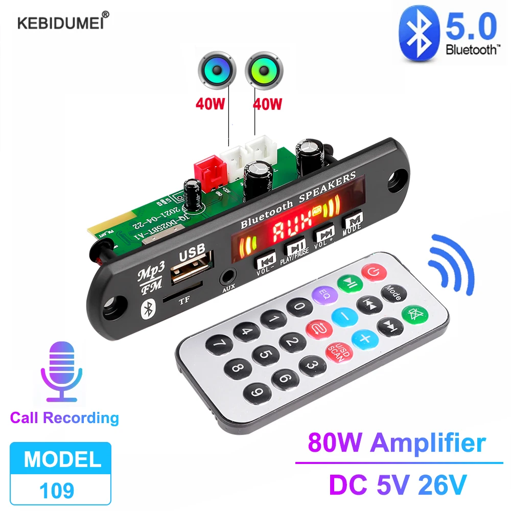 MP3 Decoder Board 80W Amplifier Bluetooth 5.0 MP3 Player 5V-26V 12V Car FM Radio Module Handsfree Call Recording AUX TF/U-Disk