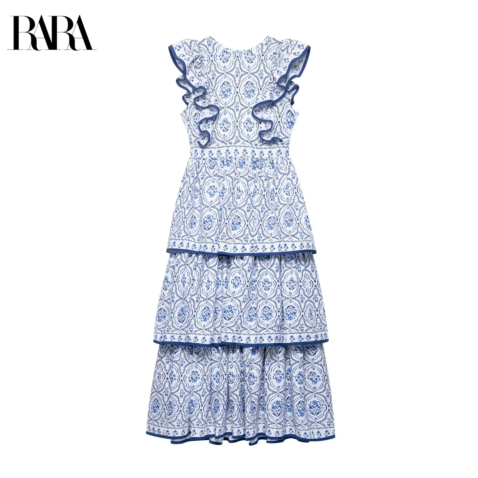 

RARA2025 Summer New Women's Casual Fashion Layered Wave Print Round Neck Sleeveless Mid-length Dress