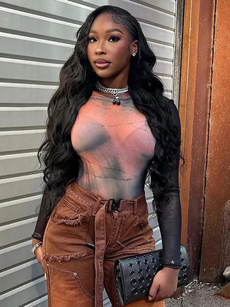 أزياء خمر طويلة الأكمام Bodycon قمم مثير س الرقبة ضئيلة حللا الجمالية شيك مطبوعة شبكة المرأة داخلية Y2K الشارع الشهير #6