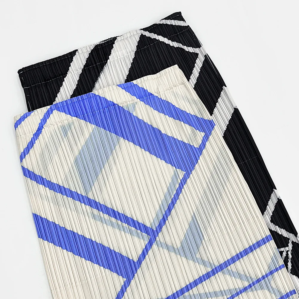 Miyake Pleated Midi Skirt for Women Geometric Line Print Elastic High Waist Loose Wrinkle‑Resistant Straight Mid‑Length Skirt