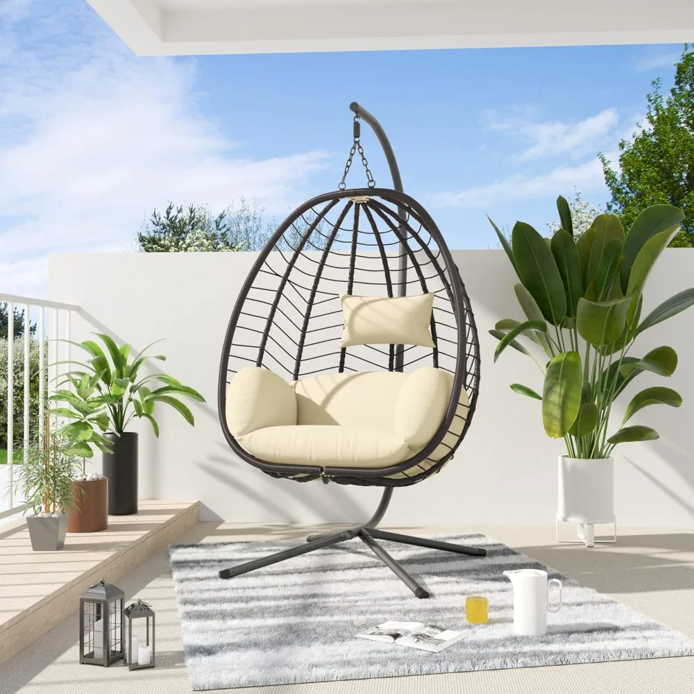 

Egg Swing Chair Outdoor Indoor Wicker Rattan Hanging Chair with Stand 350lbs Capacity w/Strong Frame & UV Resistant Cushions