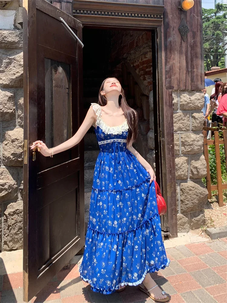 Klein Blue Floral Camisole Dress Women's Summer French Hollowed Out Lace Patchwork High Waist Seaside Vacation Dress Boho Dress