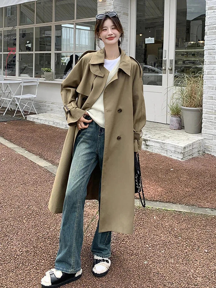 

LANMREM Korean Khaki Trench For Women Lapel Single Breatsed Solid Color Lace-up Gathered Waist Coat 2024 Autumn New 2Z2510