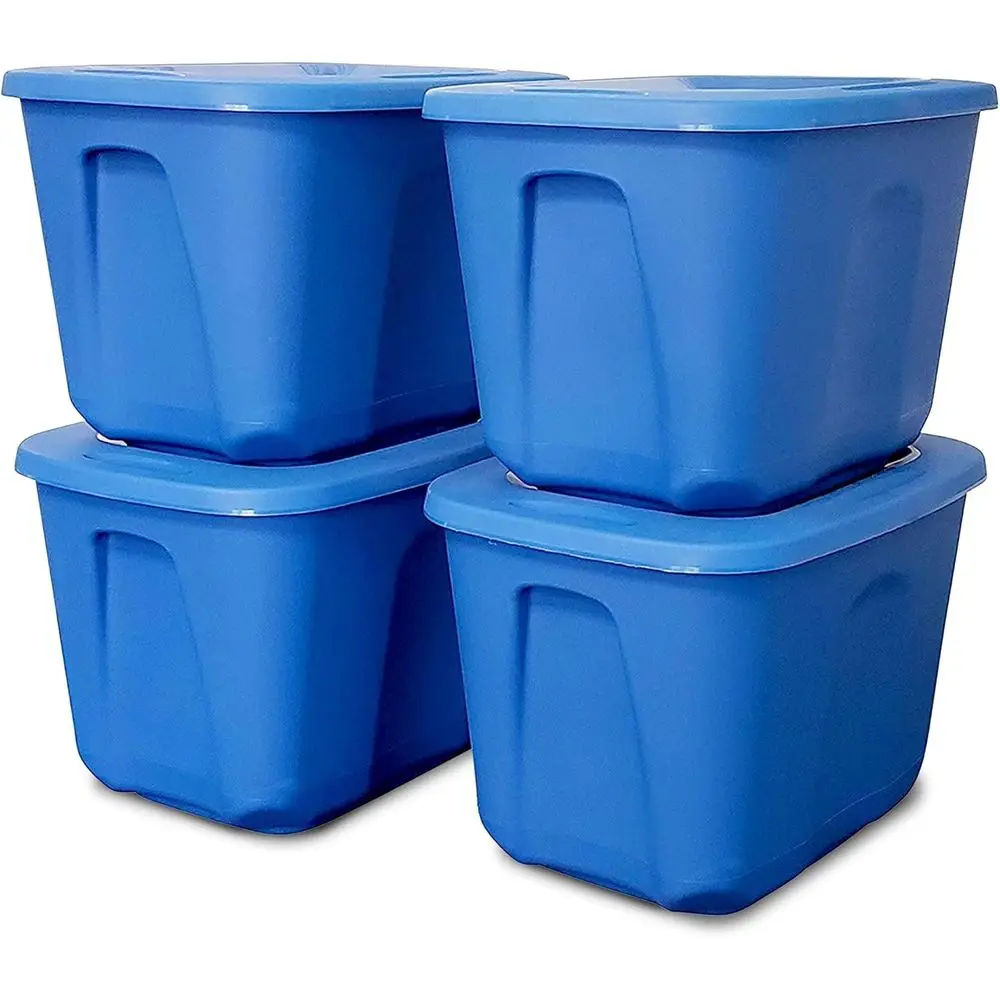 

Набор из 4 прочных формованных контейнеров для хранения, пластиковые контейнеры с крышками, 10 галлонов, синие - штабелируемые органайзеры и коробки для спальни