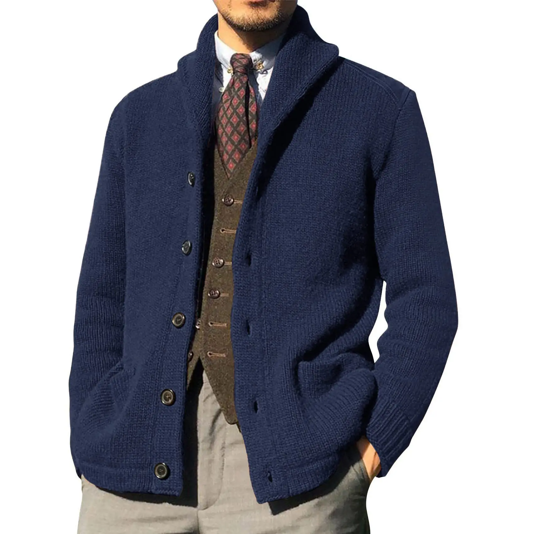 Men's Long Sleeve Knitted Sweater Autumn Winter New Style Pure Color Cardigan Outerwear Fashionable Standard Fit Daily Wear