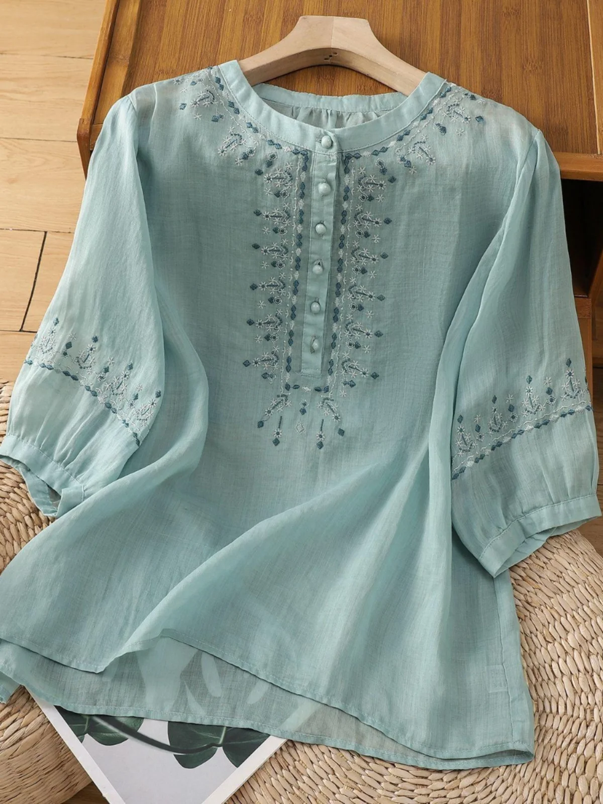 Ethnic Style Artistic Cotton Linen Diamond Embroidery Five-Quarter Sleeve Loose Slimming Thin Collar Stand-Up Top Shirt