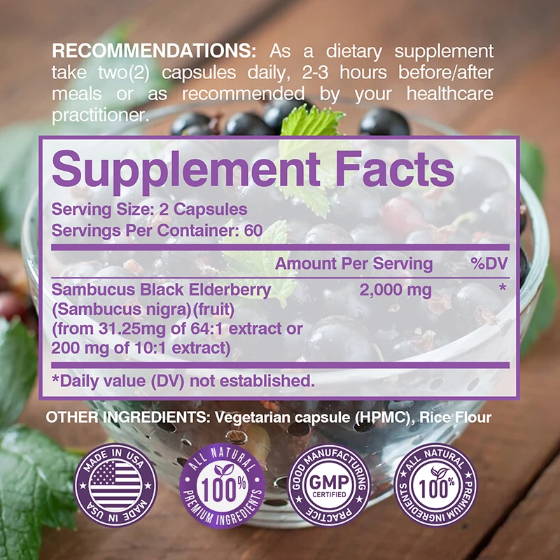 Black Elderberry Supplement-with Vitamin C and Anthocyanins, It Provides Immune Support, Antioxidants, and Improved Bone Health