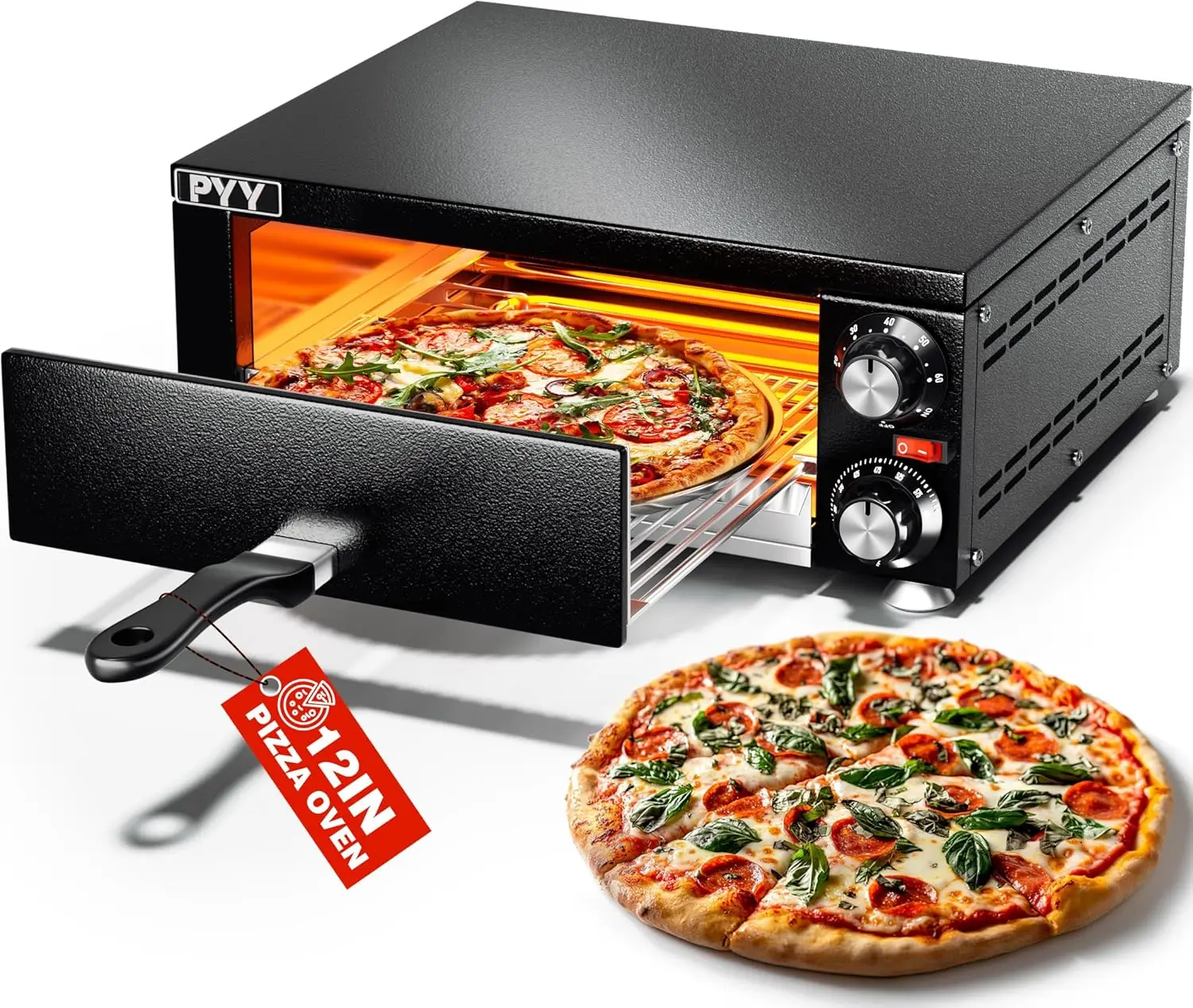 12 Inch Electric Countertop Pizza Oven & Pizza Maker Machine for Home - Indoor, Stainless Steel, Black, with Timer